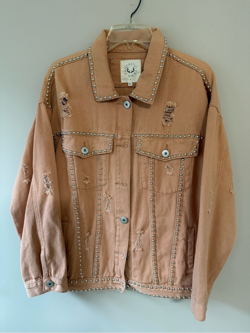 Fantastic Fawn Peach Studded Distressed Denim Jacket